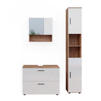 Vicco Conjunto De Muebles De Ba&ntilde;o Irma, Blanco Brillo Intenso/roble Dorado, 3 Piezas, Con Cajonera Y Mueble Alto