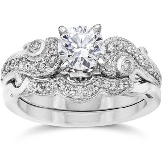 Pompeii3 Emery 3/4Ct Vintage Diamond Engagement Wedding Ring Set 14K White Gold Size Selectable