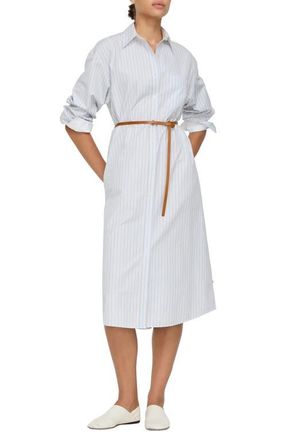 Lafayette 148 New York Aurora Stripe Long Sleeve Belted Oversize Cotton Poplin Midi Shirtdress in Glacier Blue Multi at Nordstrom, Size Xx-Small
