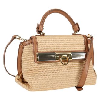 Ferragamo Sofia Satchel Raffia With Leather Beige Wood Handbag (Pre-Owned)