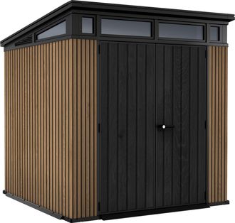 Keter Pent 7x7 - Caseta De Jard&iacute;n 216x226x218 Cm 2 Puertas Para Almacenamiento De Herramientas Acabado Efecto Madera Evotech+ En Resina Marr&oacute;n Y Negra