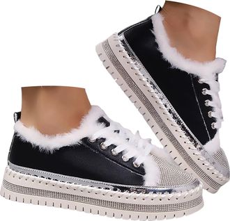 Generic Rhinestone Sneakers for Women Plush Lined Warm Platform Walking Shoes Casual Round Toe Non Slip Lace up Fuzzy Sneakers Wedding Bridal Party Sparkly Gl