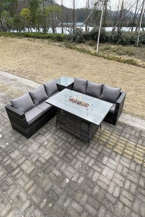 Fimous Rattan Garden Corner Furniture Gas Fire Pit Table Sets Heater Burner Lounge in Dark Grey