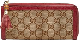 Gucci Brown Red Color Canvas Leather Long Wallet (Bi-Fold) (Pre-Owned)