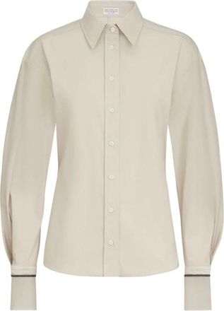 Brunello Cucinelli Poplin Blouse met Zijden Manchetten - Dames - Overhemden - Beige - L - Katoen - Overhemden