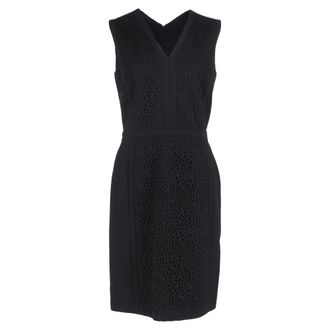 HUGO BOSS Lace Detail Midi V-Neck Dress in Black Wool