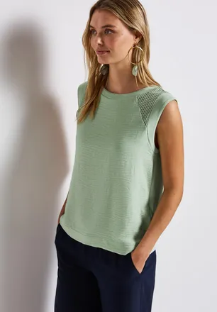 Street One Shirttop STREET ONE, Damen, Gr. 38, gr&uuml;n (soft jade gr&uuml;n), Web, Obermaterial: 95% Viskose, 5% Elasthan, unifarben, h&uuml;ftbedeckend, Rundhals, Tops Shirt