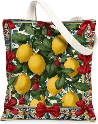 Generic Vintage Lemon Canvas Tote Bags, Elegant Floral Design Reusable Grocery Bags, Lightweight Washable Shoulder Strap Canvas for Travel Beach Picnic 13x15 