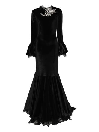 Miau by Clara Rotescu bell-sleeve embellished maxi dress - women - Polyamide/Elastane/Silk - 36 - Black