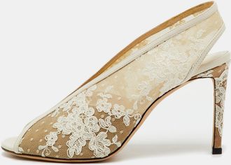 Jimmy Choo London White Lace And Leather Shar Slingback Pumps