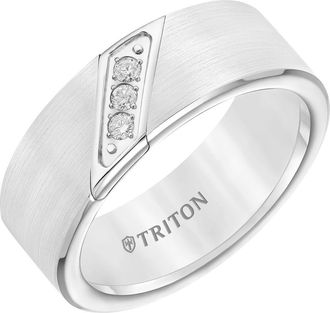 Triton 8mm White Tungsten Carbide Ring with Diagonal Set Diamonds and Satin Finish with Flat Edge in Metallic Silver at Nordstrom, Size 11.5