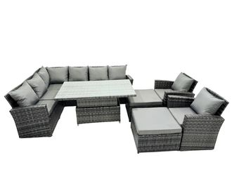 Fimous Poly Rattan Outdoor Patio Corner Sofa Set with 2 Big Stool, 2 Chairs in Dark Grey