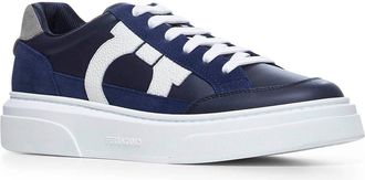 Ferragamo Mens Low-Top Sneakers With Gancini Blue Calf Leather Trainers
