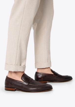 Wittchen Heren Leren Mocassins met Visgraatmotief, Donkerbruin, Natuurlijk Leer