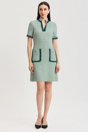 Ming Wang Fringe Trim Jacquard Basketweave Knit Sheath Dress in Kelly Green/indigo/ivory at Nordstrom, Size X-Small P