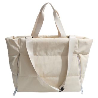 Generic Women Quilted Shoulder Bag Large Capacity Puffer Tote Handbag Solid Color Quilted Top Handle Bag Female Travel Bag (White)