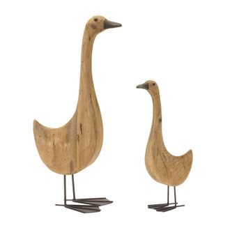 Melrose International Natural Fir Wood Goose Figurine with Rustic Metal Accents (Set of 2) - Brown, Black