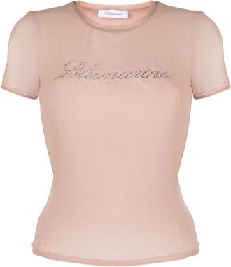 Blumarine logo-embellishment mesh T-shirt - women - Polyester/Elastane - L - Neutrals