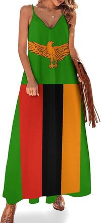 Generic Zambia Flag Zambian Coat of Arms Womens Casual Maxi Dress Strappy V Neck Sleeveless Spaghetti Strap S