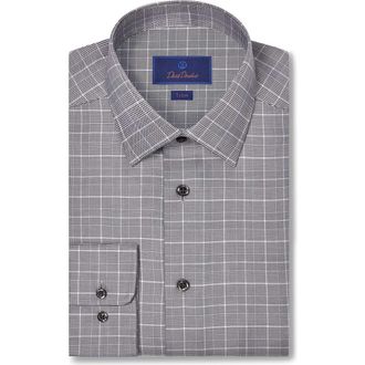 David Donahue Trim Fit Grey Glen Check Cotton Dobby Dress Shirt in Charcoal at Nordstrom Rack, Size 15.5 - 34/35