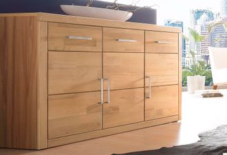 HOME AFFAIRE Sideboard »Logo,130cm breit,42 cm tief, Fronten Massivholz,2 breite Fächer« Holz massiv, Holzwerkstoff, Metall Griffe,3Türen,3Schubladen