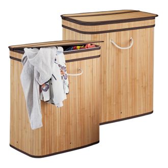 Relaxdays 2x Cestos Ropa Sucia Rectangular Con 2 Compartimentos, Cubo Colada, Canasta Con Tapa, Bamb&uacute;, 95 L, Natural