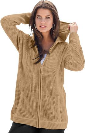 Roaman's Plus Size Waffle Knit Zip-Front Relaxed Hoodie in Soft Camel at Nordstrom, Size Medium