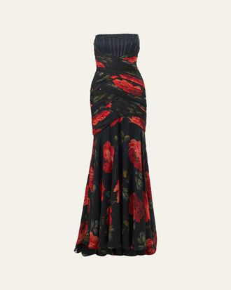 Carolina Herrera Floral Chiffon Strapless Corset Gown