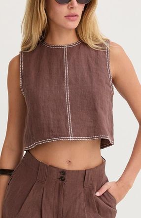 Crescent Embroidered Contrast Stitch Linen Crop Top in Brown at Nordstrom, Size Medium