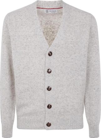 Brunello Cucinelli Gespikkelde Cardigan met V-hals - Heren - Vesten - Grijs - M - Leer - Truien & Vesten