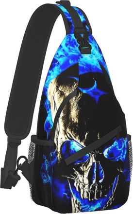 AOOEDM Anti-Theft Crossbody Backpack Skull Blue Fire Sling Shoulder Bag for Men Women, Durable Adjustable Gym Bag Cycling Traveling Hiking Daypack, One Size