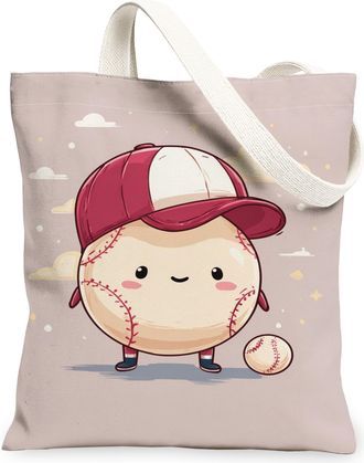 Generic Cute Baseball Canvas Tote Bags, Fun Sports Character Pattern Reusable Grocery Bags, Summer Playful Lightweight Washable Sho, Beige, 13x15 Inch