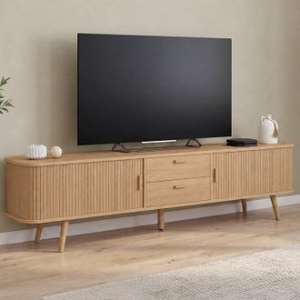 IDMarket Mueble Para Televisi&oacute;n De 200 Cm Romie, Con 2 Puertas Correderas Y 2 Cajones Con Listones De Madera En Color Roble