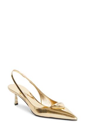 Prada Modellerie Pointed Toe Metallic Kitten Heel Slingback Pump in Platino at Nordstrom, Size 10.5Us