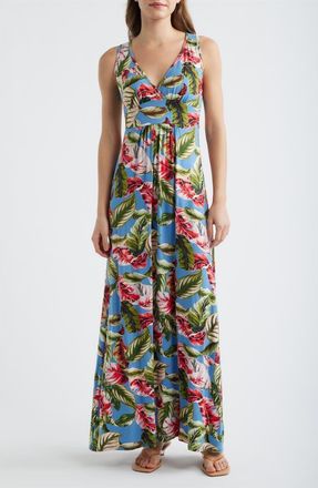 Loveappella Palm Print Sleeveless Jersey Maxi Dress in Blue/Coral at Nordstrom, Size X-Small