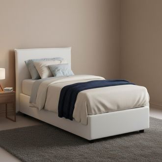 Dmora Cama Individual Claire, Cama Contenedor Con Revestimiento De Tela, 100% Made In Italy, Apertura Frontal, Con Colch&oacute;n Cm 90x200 Incluido, Blanco, Con E