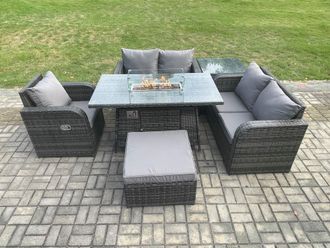Fimous Rattan Garden Furniture Set with Gas Fire Pit Dining Table, Big Footstool & Side Table Indoor Outdoor 6 piece Love Sofa set in Dark Grey