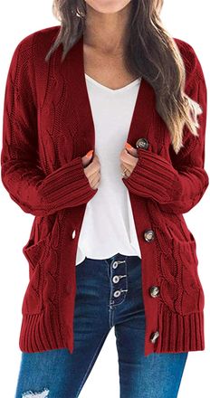 Generic Womens Fall Casual Long Sleeve Button Down Open Front Cable Knit Cardigan, Oversized Casual Fashion Chunky Knit Sweater Coat (Burgundy,4XL)