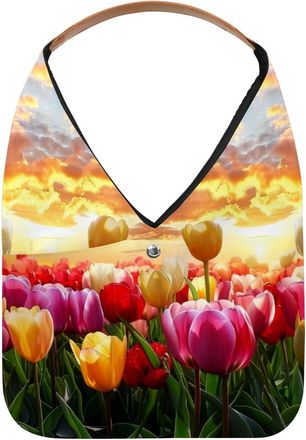Generic Beautiful Tulip Floral Sunset Landscape Reusable Lightweight Grocery Bags - Foldable Into Compact Pouch, Washable & Sturdy, Multipurpose for Shopping 