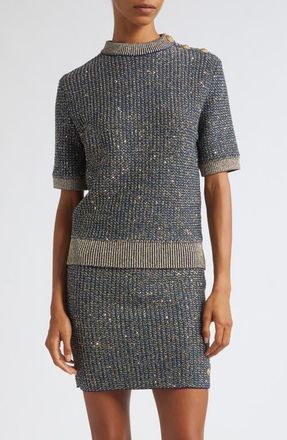 Balmain Sequin Crewneck Tweed Sweater in Sqh Navy/multi at Nordstrom, Size 38
