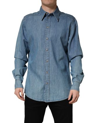 Dolce & Gabbana Blue Cotton Stretch Casual Denim Slim Mens Shirt