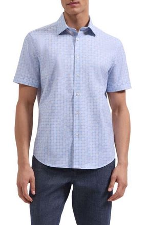 Bugatchi Miles OoohCotton Check Print Short Sleeve Button-Up Shirt in Air Blue at Nordstrom, Size Xxx-Large