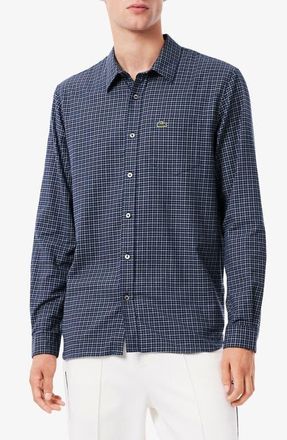 Lacoste Regular Fit Plaid Flannel Button-Up Shirt in Navy Blue/Flour at Nordstrom, Size 15.75