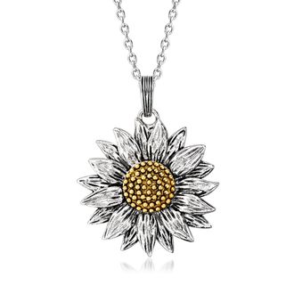 Ross-Simons Sterling Silver and 14kt Yellow Gold Sunflower Pendant Necklace