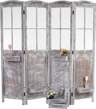 Hhg [nunca Usado] Paravent Hhg-599, Biombo Separador De Ambientes, Cestas Para Plantas 4 Paneles, Aspecto Desgastado 170x180x22cm, Marr&oacute;n-gris