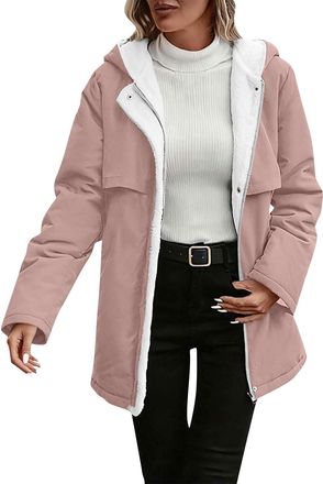Generic Womens Fleece Lined Jacket Long Sherpa Coats Hooded Zip Up Thermal Warm Jackets Windbreaker Outwear Ladies Casual Baggy Loose Fit Hoodies, Solid Color