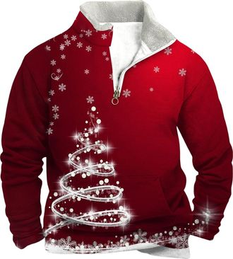Generic Christmas Jumpers for Men 1/4 Zip Xmas Tree Pullover Ugly Christmas Sweatshirt Long Sleeve Sweater Fleece Stand Collar Sweatshirt Reindeer Snowflakes 