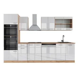 Vicco Mueble De Cocina R-line, Blanco Brillo Intenso/roble Dorado, 300 Cm Con Armario Alto, Et Roble