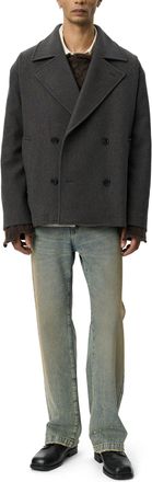 Mfpen Oversized Grey Peacoat With Double-Breasted Front And Minimalist Design