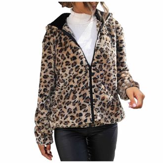 Generic Winter Coats for Women UK Womens Outdoor Fleece Jackets Full Zip Womens Ski Jacket Pockets Hoodies for Women Leopard Print Teddy Coats Hooded Ladies S